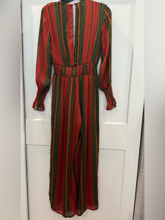 Melodrama Pants - Striped Long Sleeve Wide-Leg Jumpsuit in shimmer Red and Green